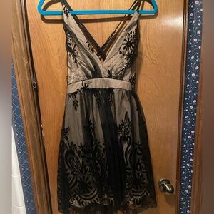 Beige and Black Embroidered Overlay Dress